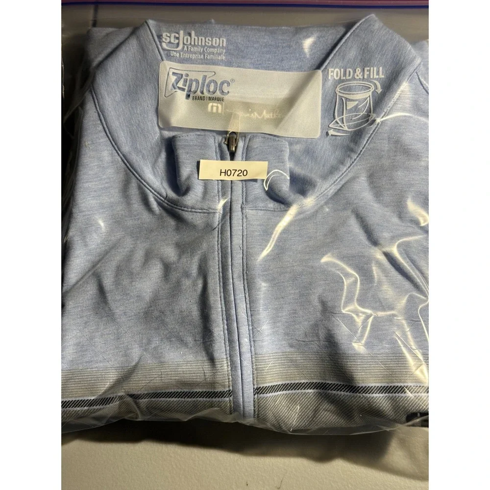 Travis Mathew Mens Blue Heathered Quarter Zip Pullover Chest Stripe Large NWT